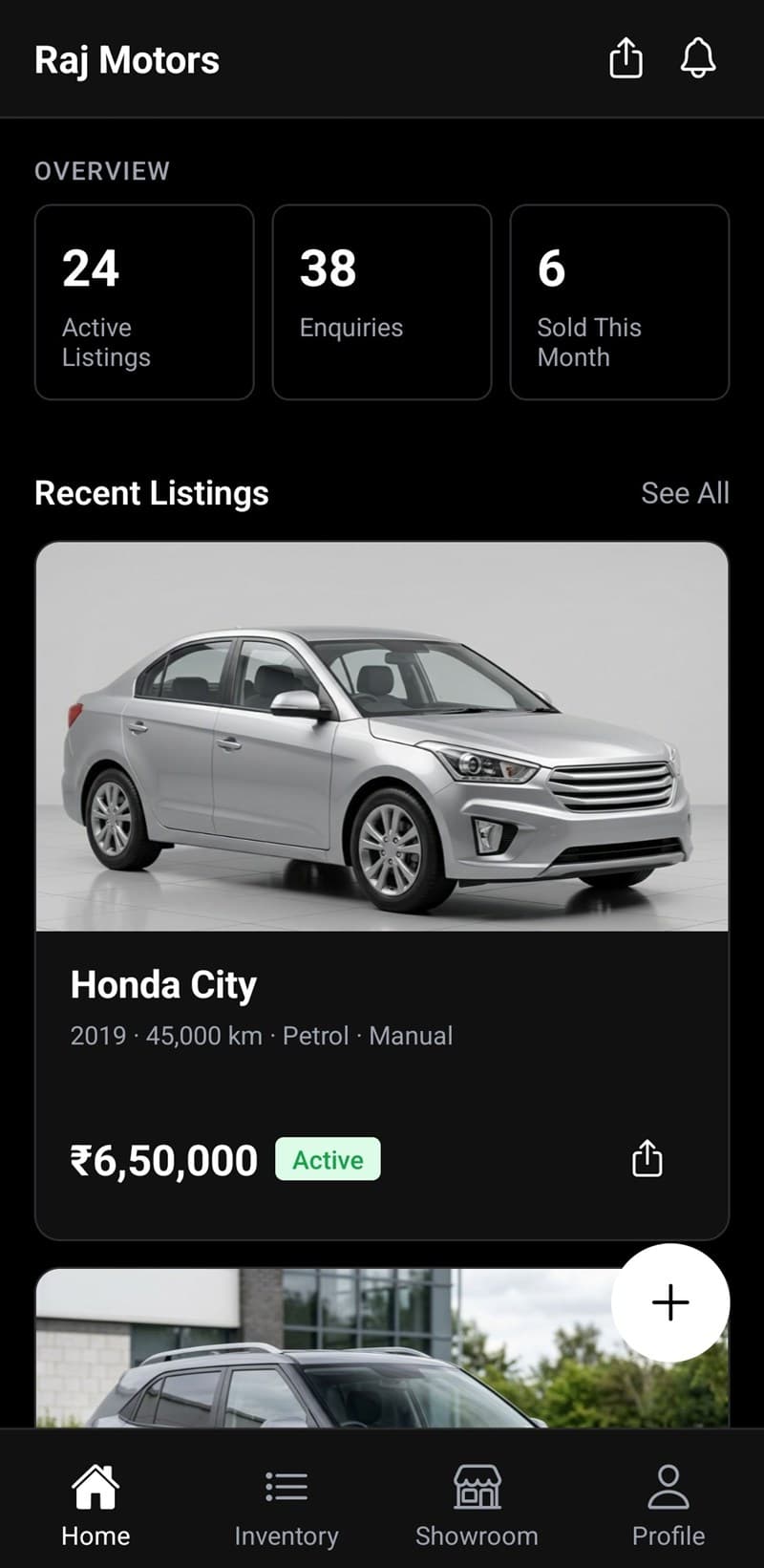 MotoDXR app home screen showing active listings, enquiries, and monthly sales