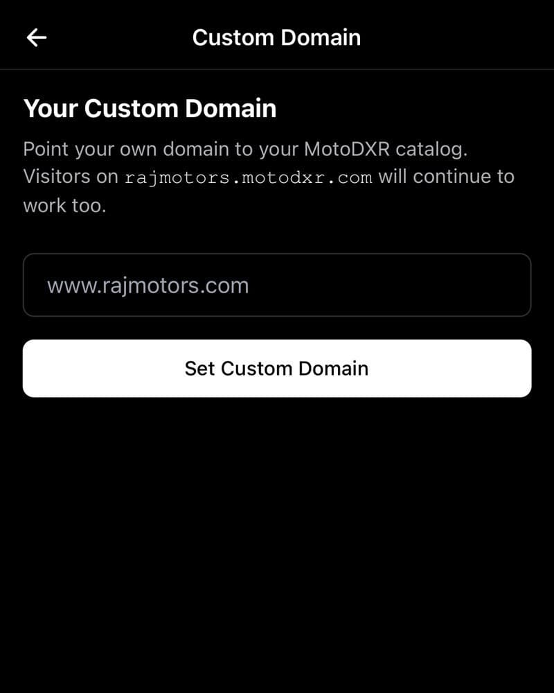 MotoDXR app custom domain setup screen