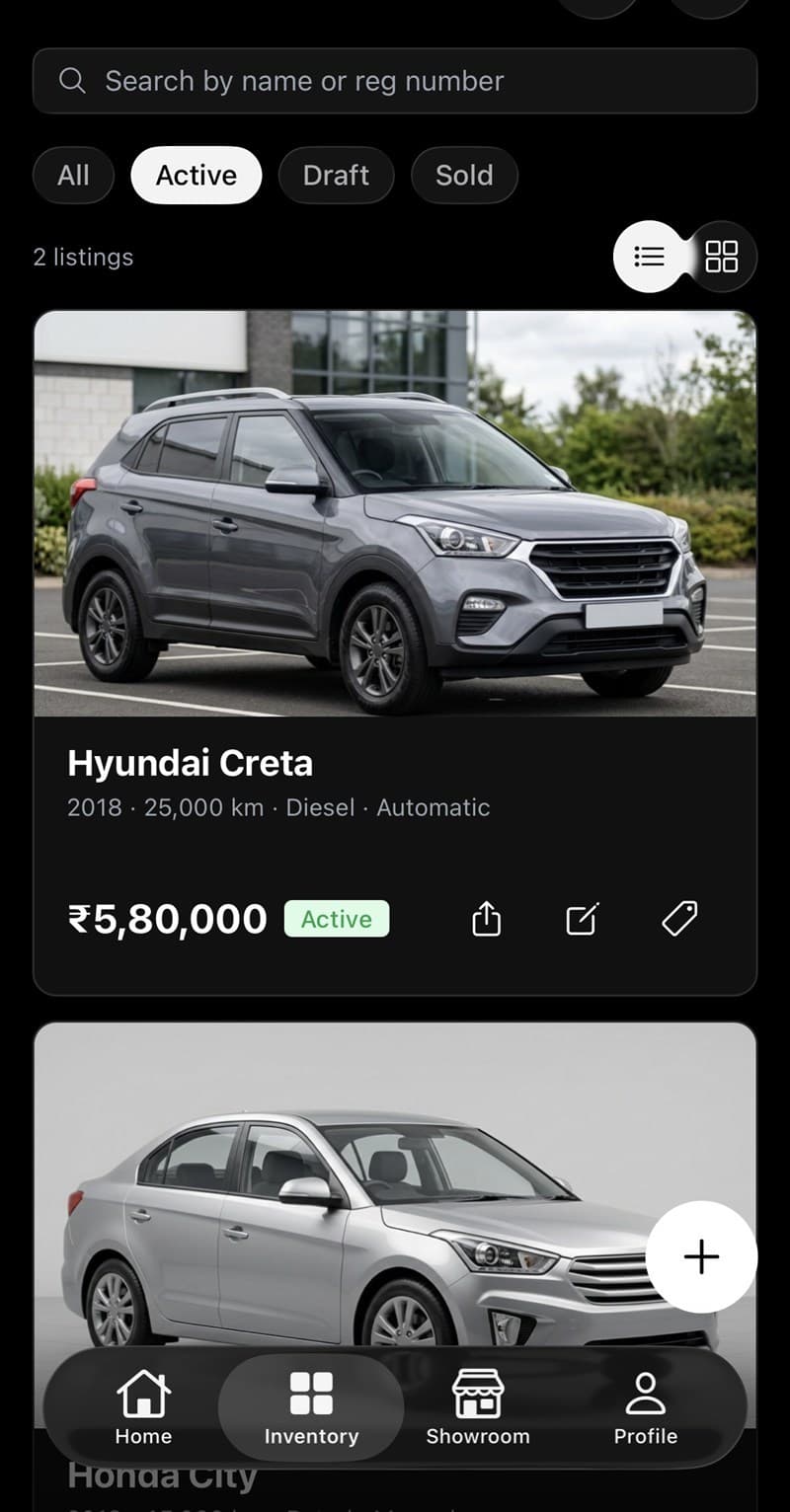 MotoDXR app inventory screen with search and status filters