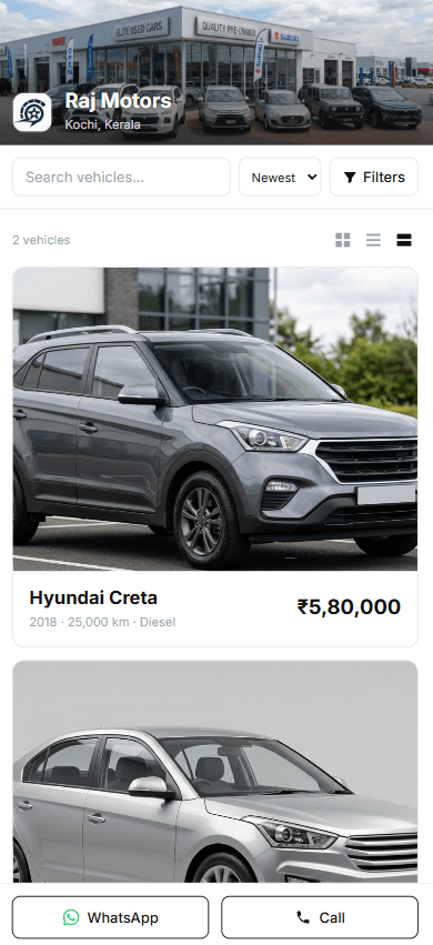 Dealer catalog website showing vehicle listings with WhatsApp and Call buttons